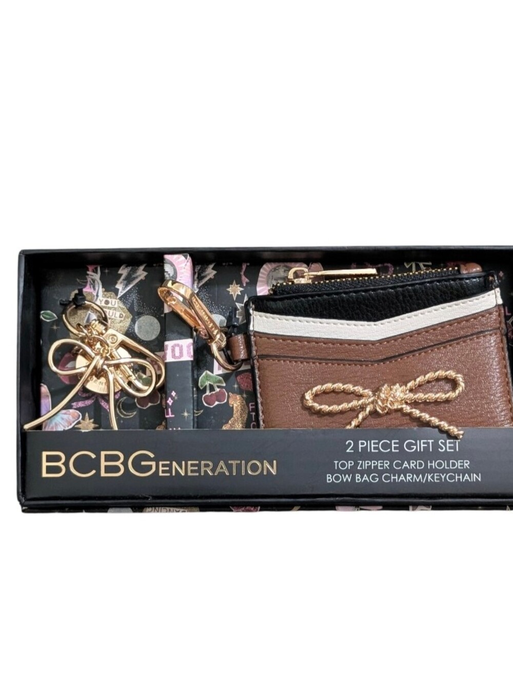 BCBGeneration Brown, Black & White Card Holder with Gold Bow Keychain